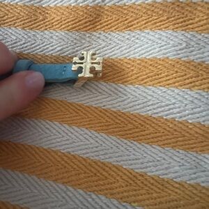 Tory Burch Gold Logo Blue Tan Stretch Strap